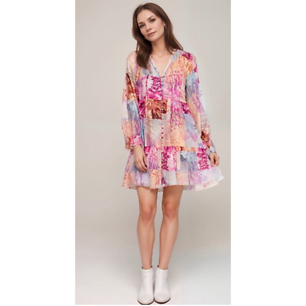 Boho Patchwork Pink Floral Long-Sleeve Mini Dress